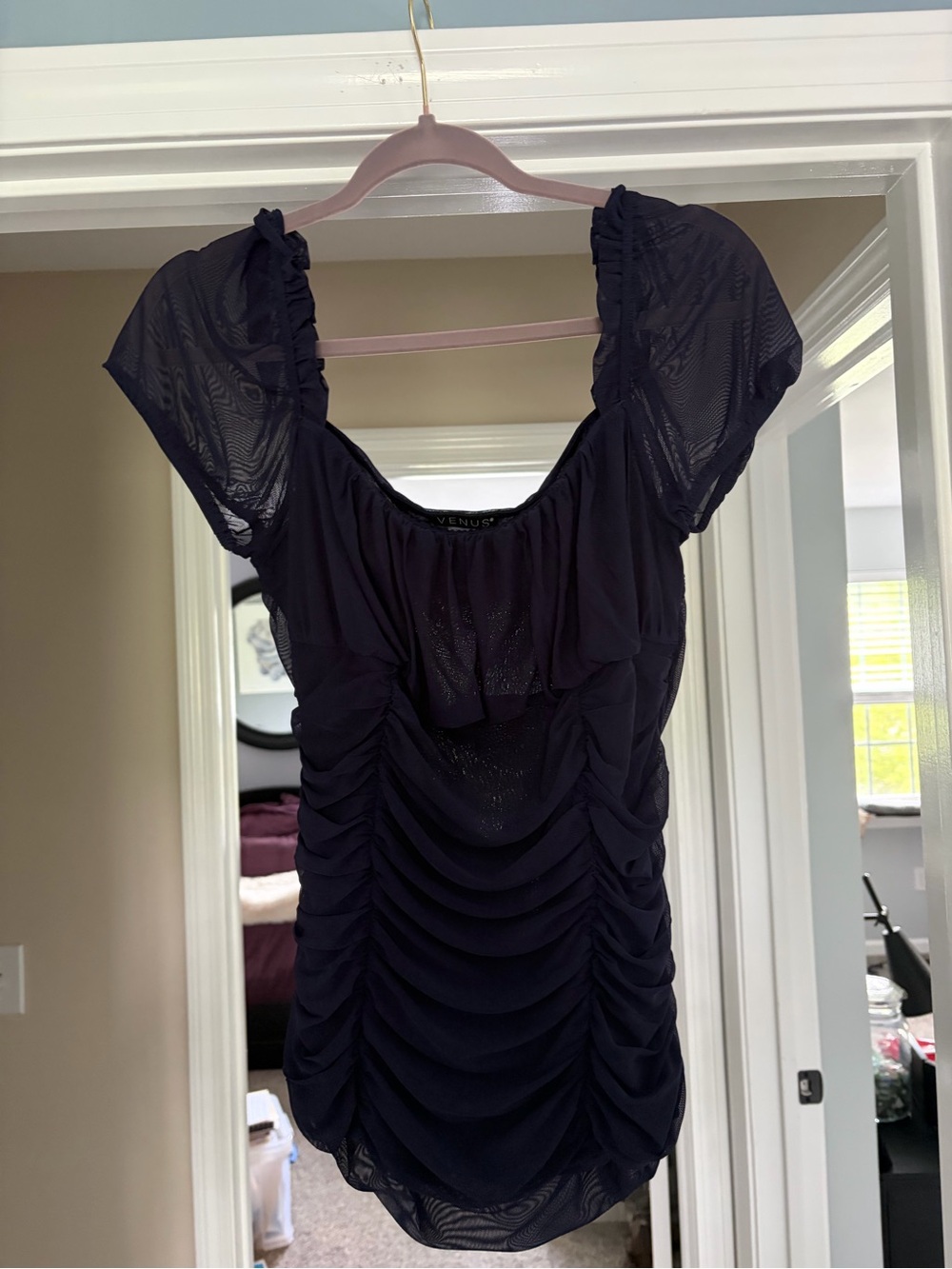 Ruched Short Sleeve Scoop Neck Top - Deep Navy